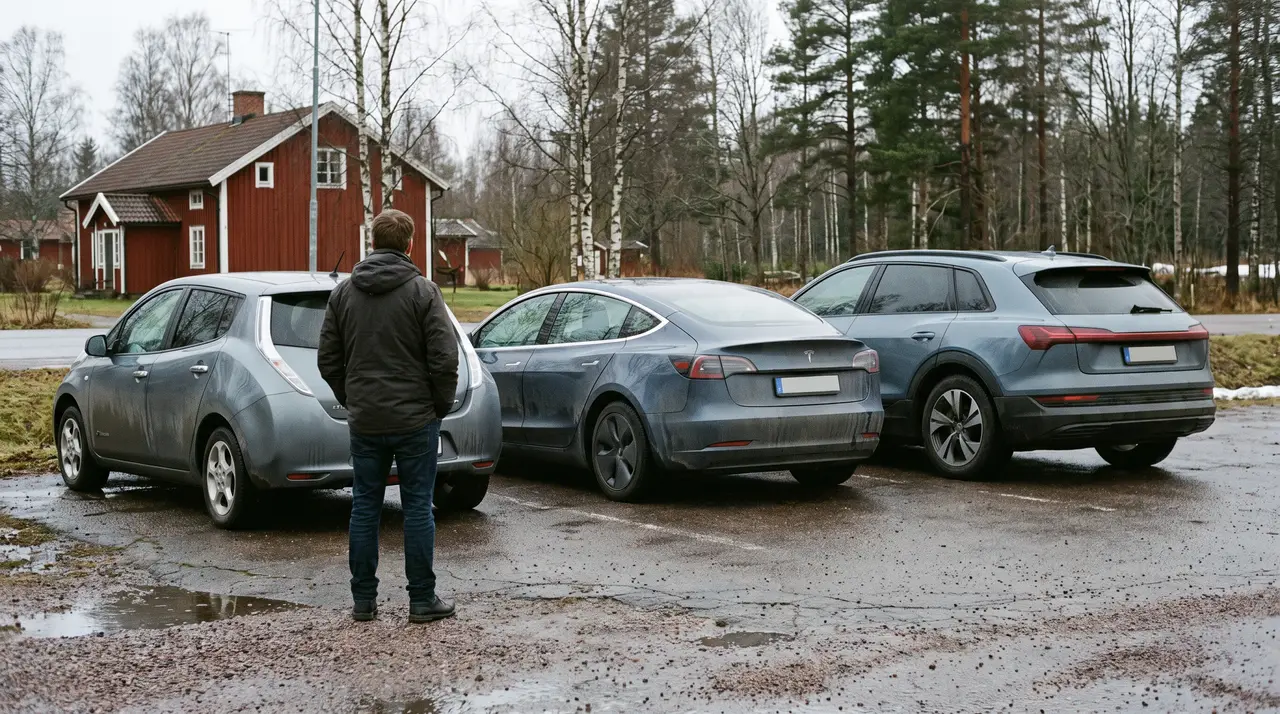 Bildmontage: person som tittar på tre elbilar uppställda på rad