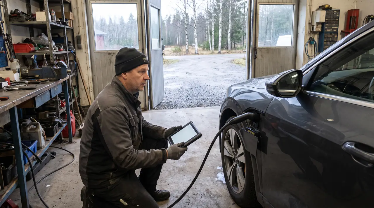 Bildmontage: diagnostik av ett elbilsbatteri i verkstadsmiljö