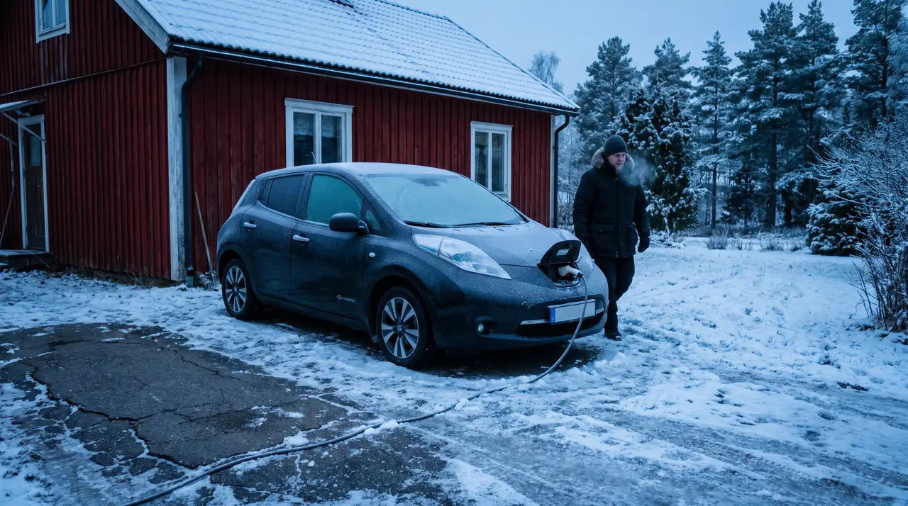 Bildmontage: kraftigt nedisad elbil en kall vintermorgon