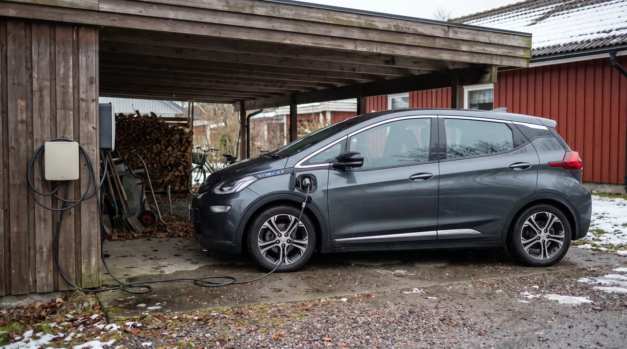 Bildmontage: laddbox på husväggen med kabeln ansluten till bilen