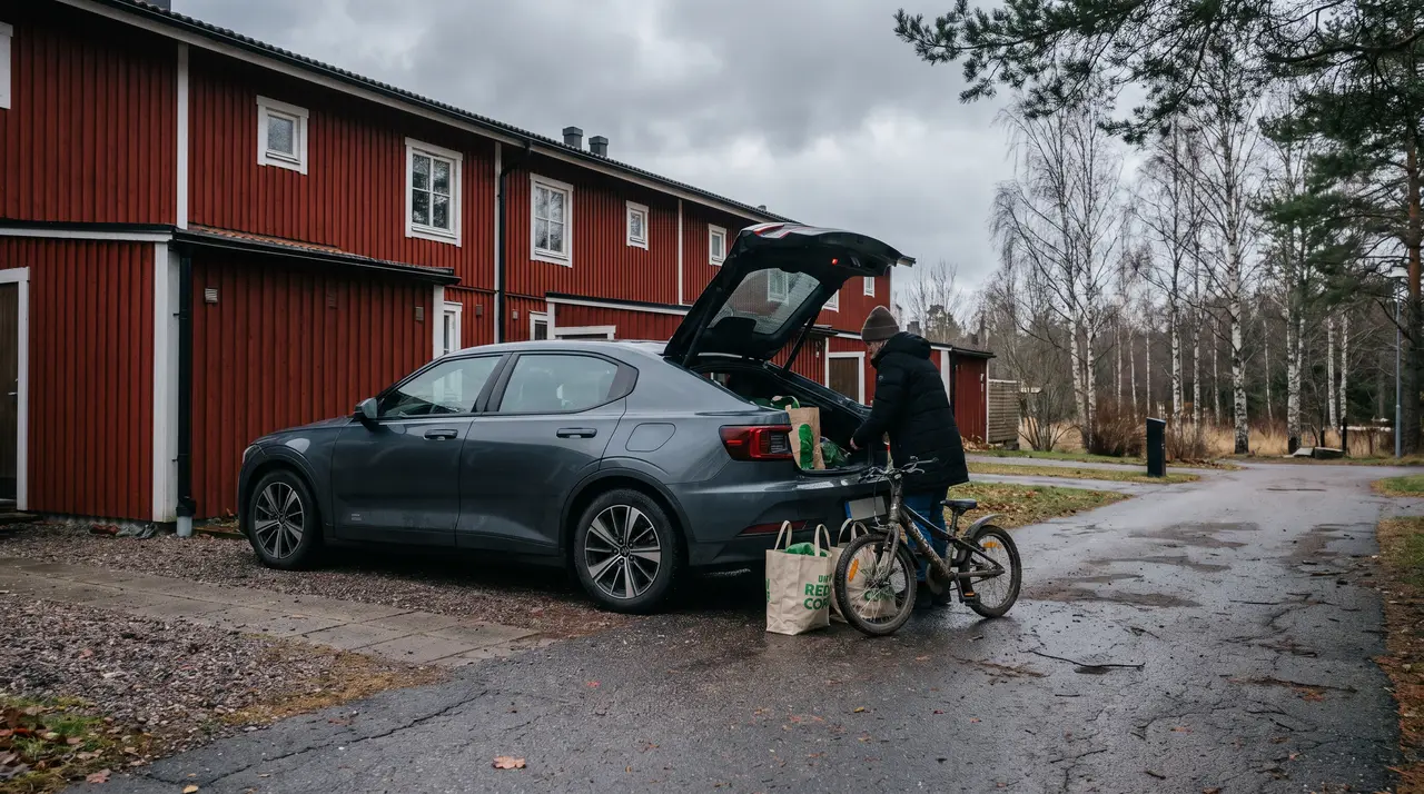 Bildmontage: elbil i vardagsbruk på en uppfart utanför ett radhus