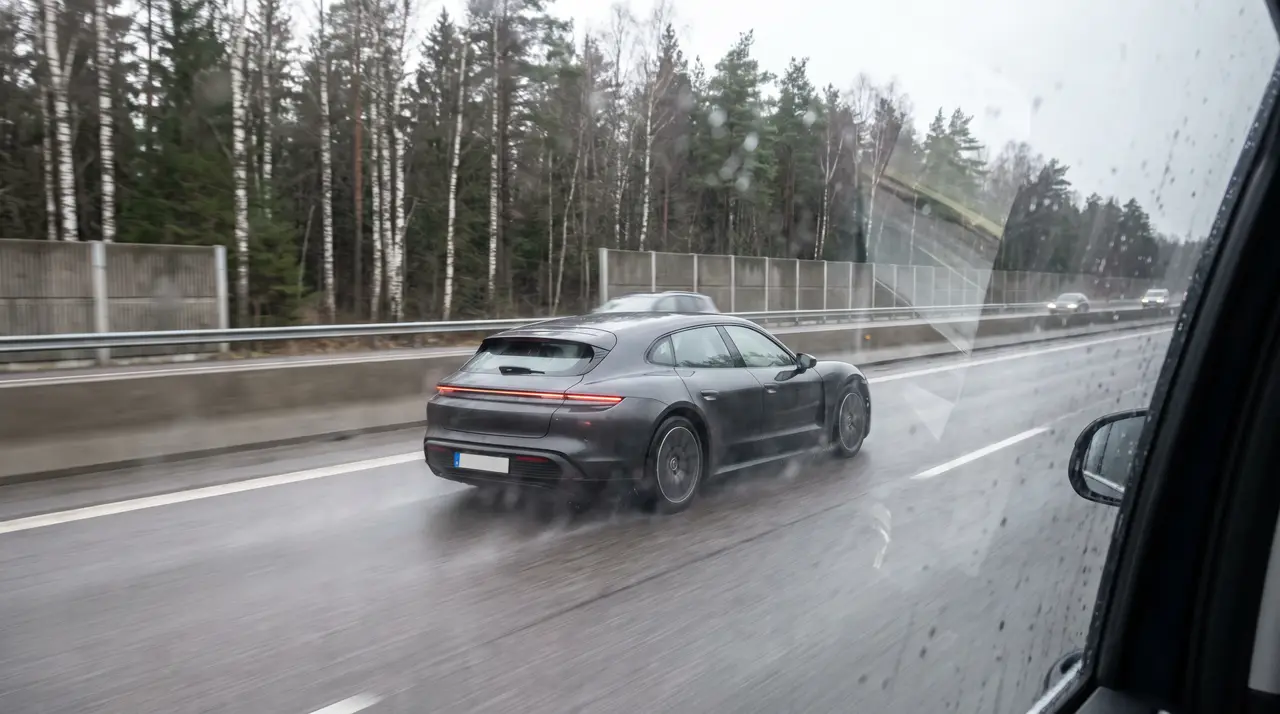 Bildmontage: elbil i motorvägsfart på en svensk motorväg