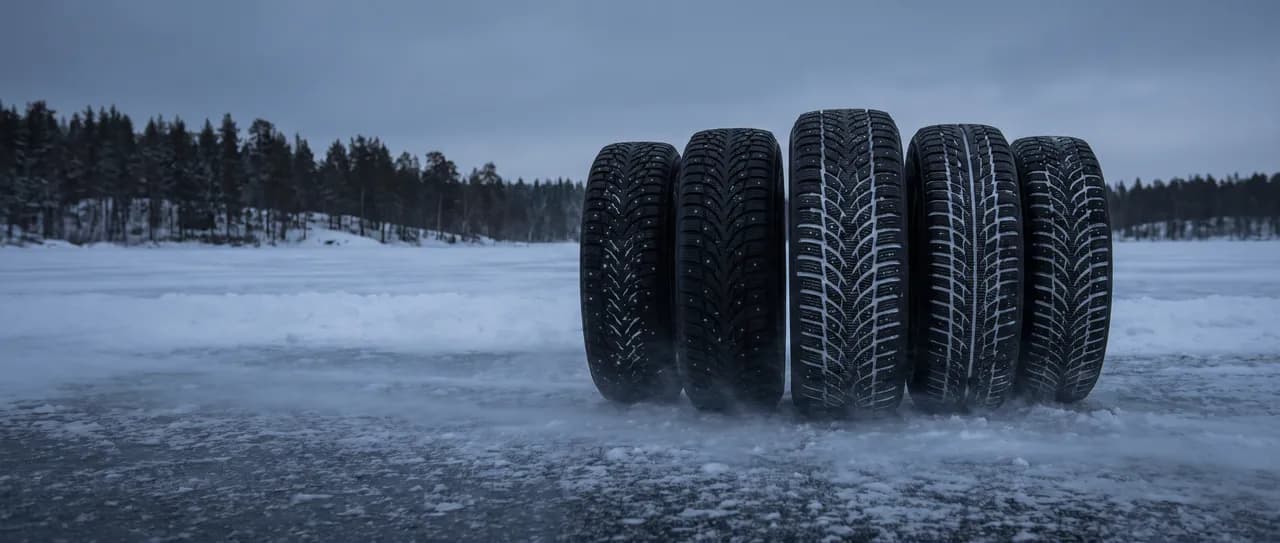 Bildmontage: fem dubbade och dubbfria vinterdäck uppställda på en snöig isbana vid skogskanten