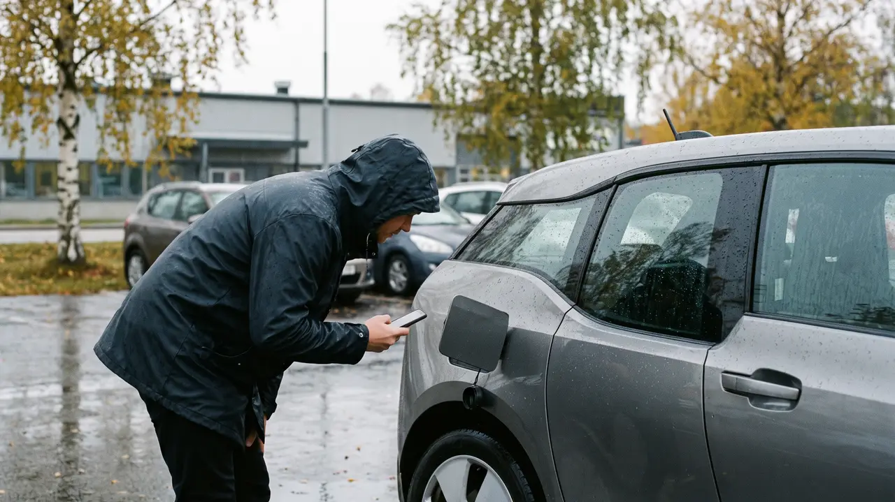 Bildmontage: begagnad elbil som granskas inför ett köp på en bilhandlares uppställningsplats