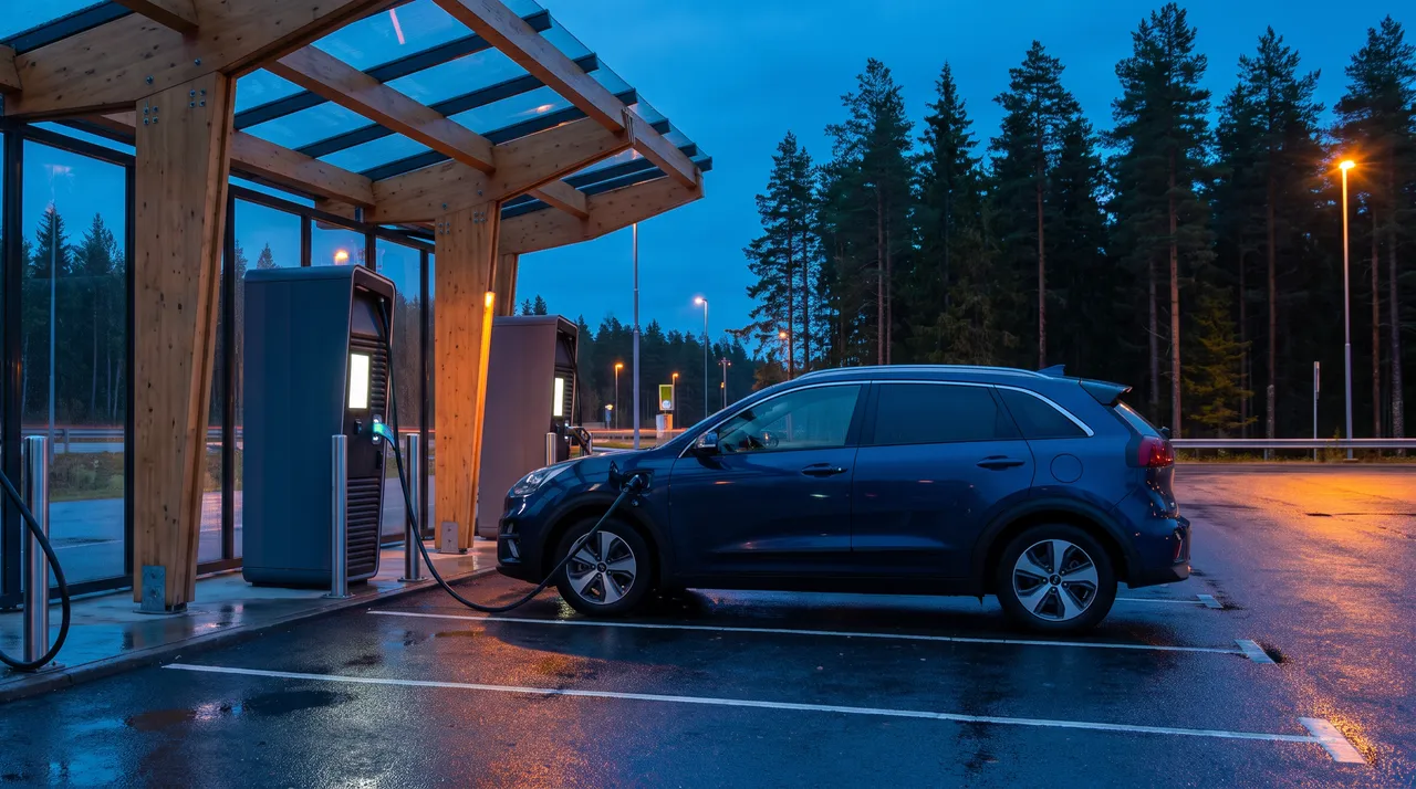 Bildmontage: elbil som snabbladdar under ett tak vid en rastplats längs en svensk landsväg i skymningen
