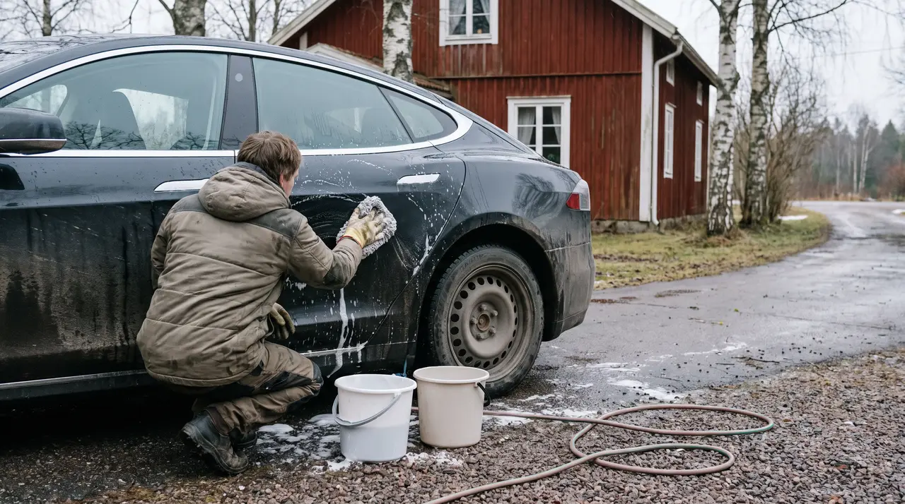Bildmontage: elbil som tvättas för hand på en grusuppfart