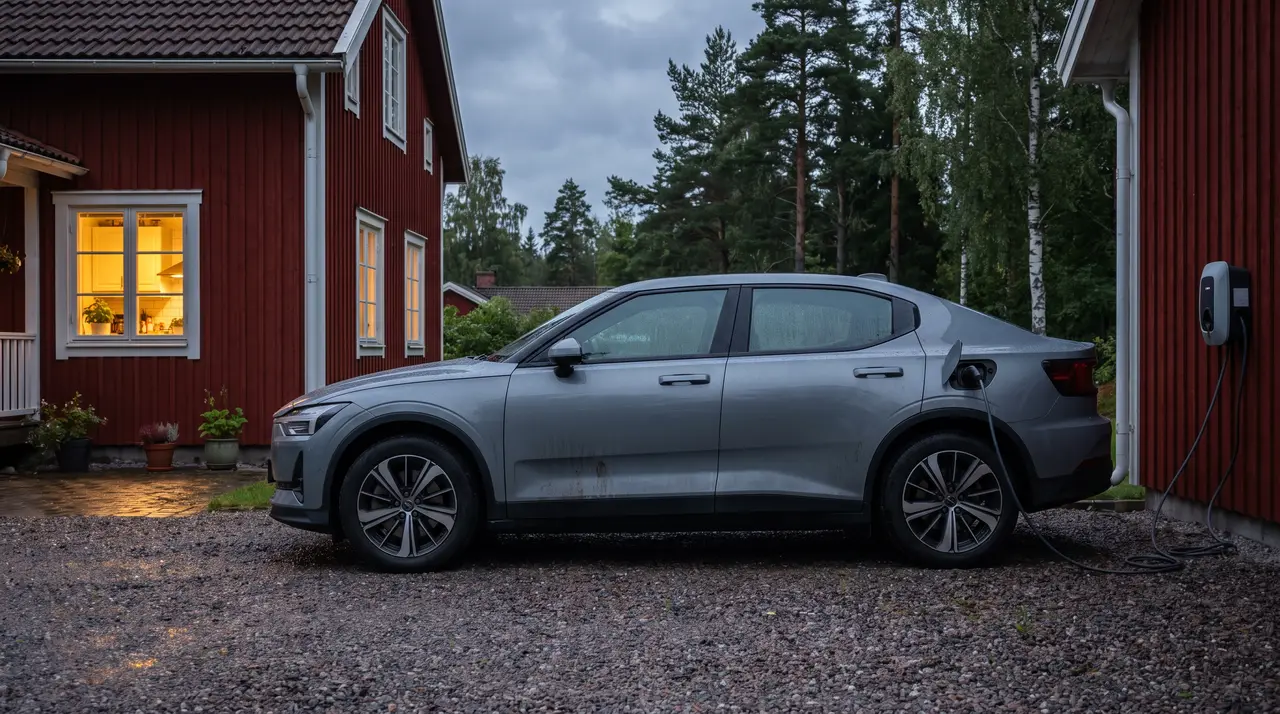 Bildmontage: elbil som laddar på uppfarten utanför ett svenskt hus i skymningen