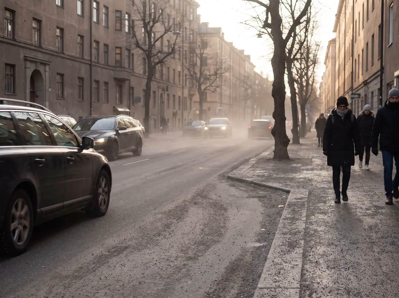 Bildmontage: vårens vägdamm i innerstaden – partiklarna från dubbslitage är skälet till gatuförbuden