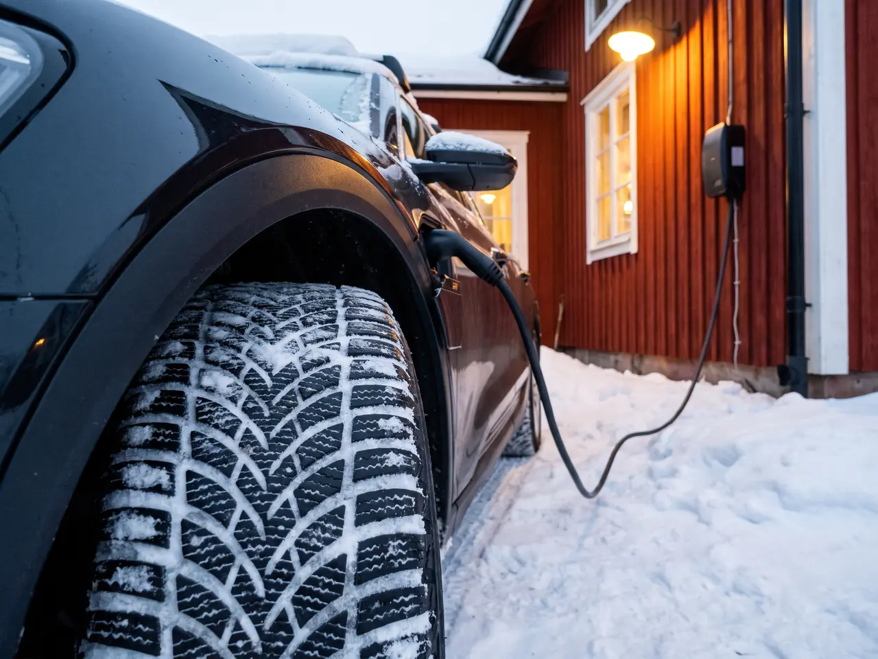 Bildmontage: på vintern avgör greppet däckvalet även på elbilen – rullmotståndet kommer i andra hand.