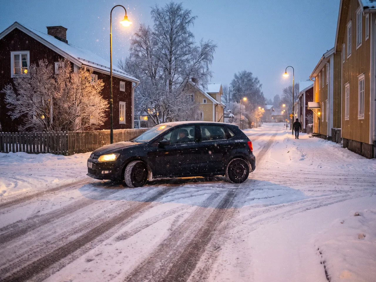 Bildmontage: en småbil rullar försiktigt på packad snö och is en vinterkväll
