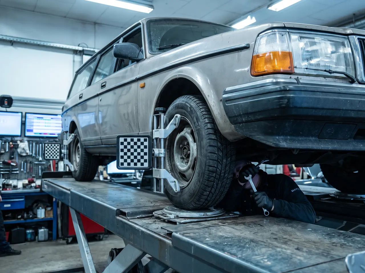 Bildmontage: vid hjulinställningen mäts vinklarna med givare på hjulen, och justeringen görs under bilen.