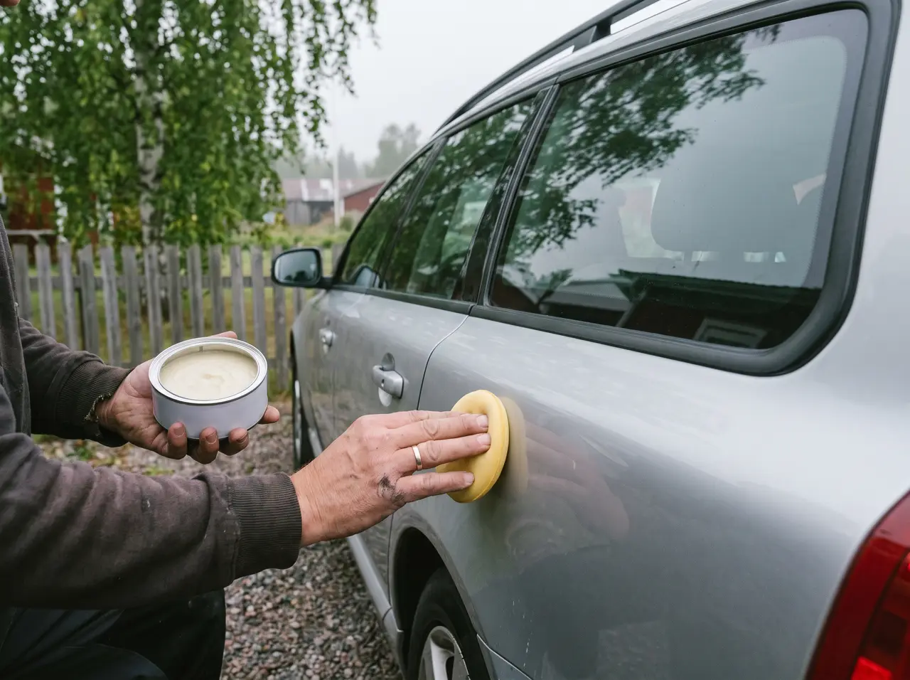 Bildmontage: hårdvax läggs tunt med en skumrondell – enkelt att göra om, men håller kortare