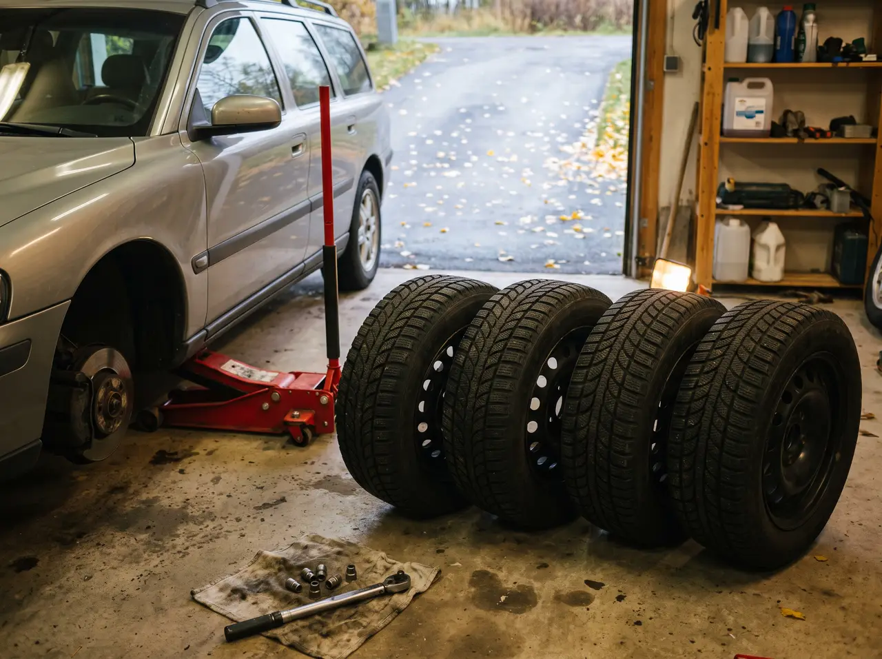 Bildmontage: säsongsbyte till vinterhjul i garaget – dubbdäck får sitta på från 1 oktober