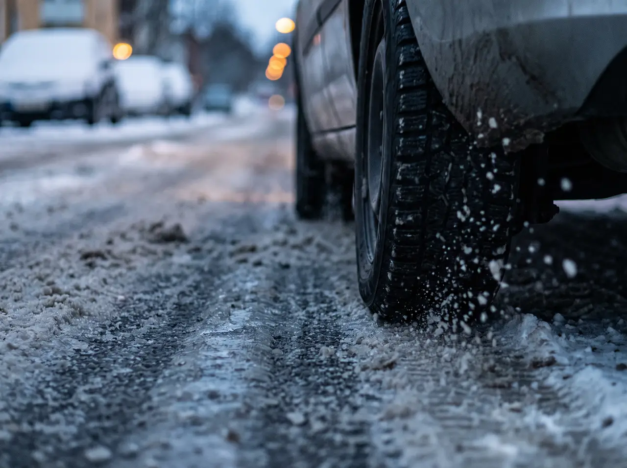 Bildmontage: snömodd och packad snö på gatan – det räcker att någon del av vägen är vinterväglag