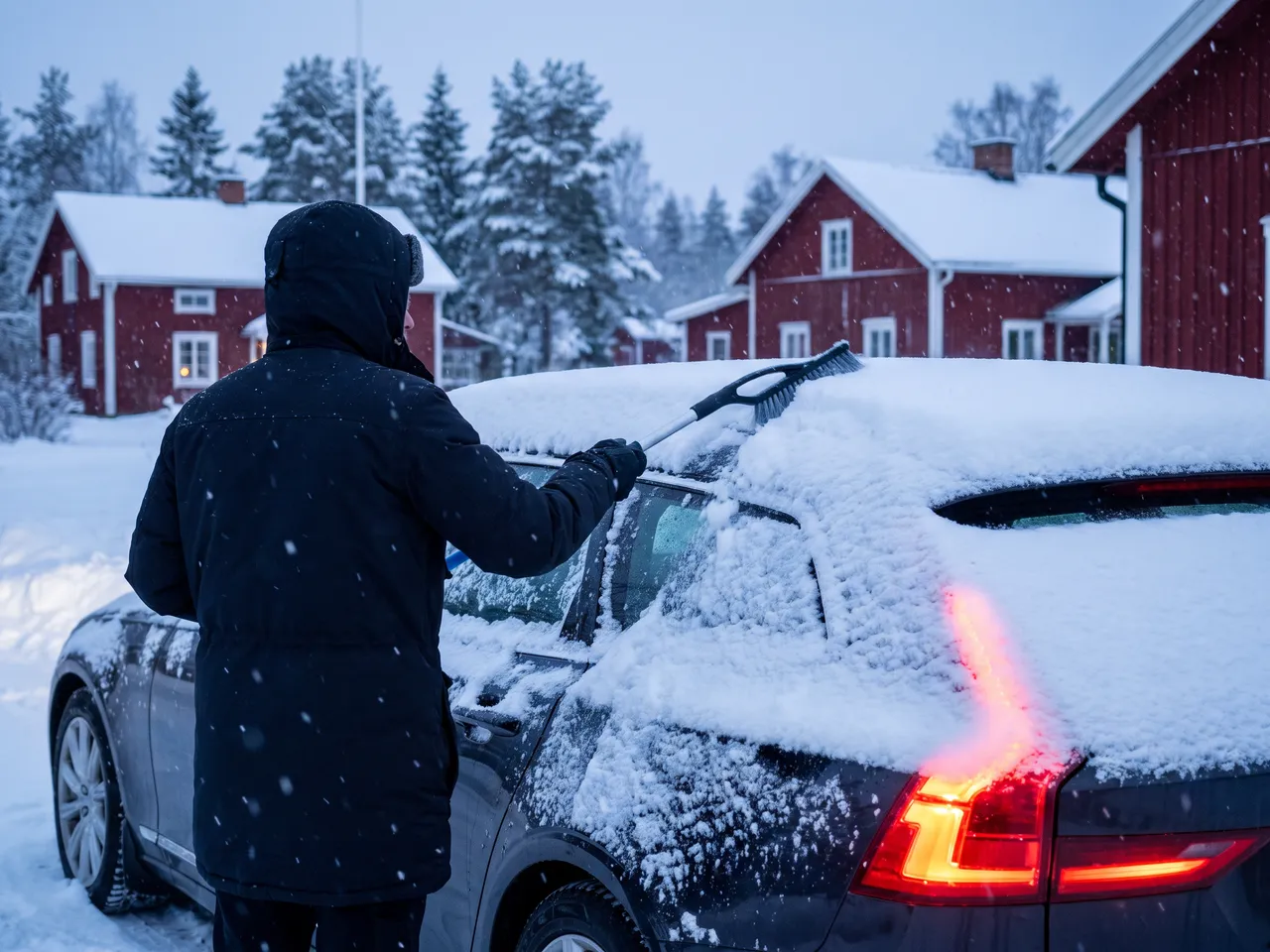 Bildmontage: snön borstas av taket innan avfärd – polisen räknar den som osäkrad last