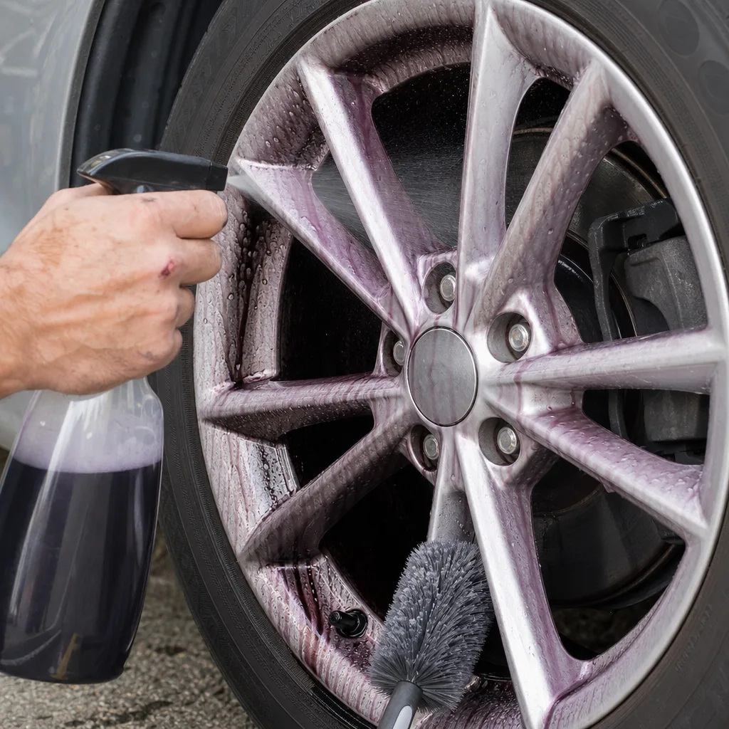 Fälgrengöring sprayas på och färgas lila