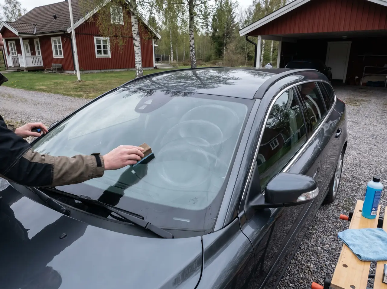 Bildmontage: glasförsegling appliceras med filtapplikator i cirkelrörelser