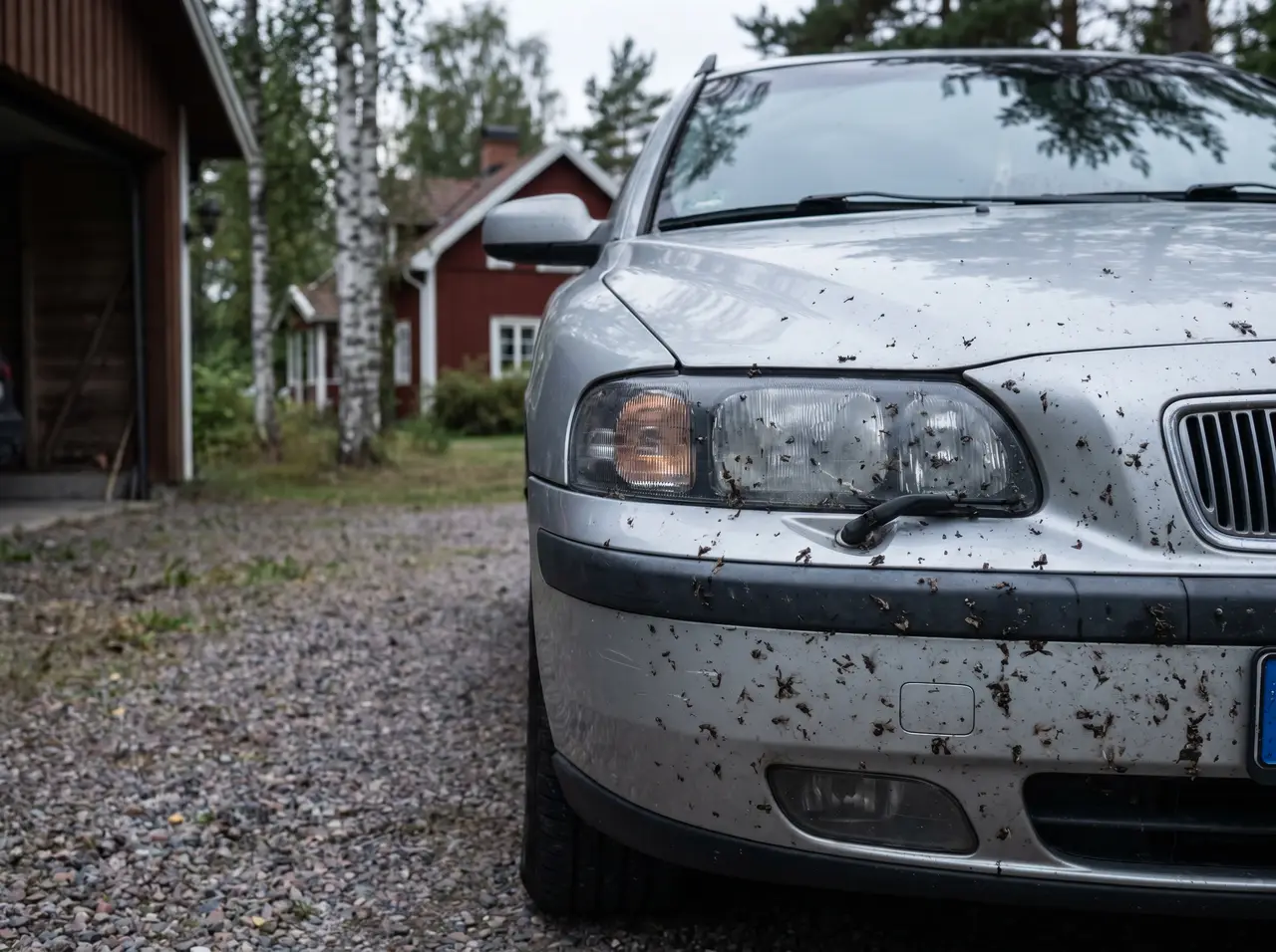 Bildmontage: bilfront och vindruta täckta av intorkade insekter efter sommarresa