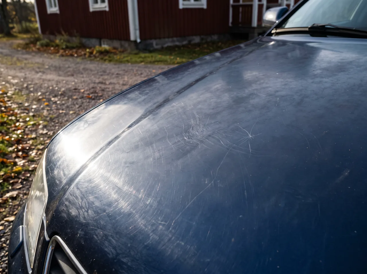 Bildmontage: swirlmarks och matt lack i sidoljus före polering