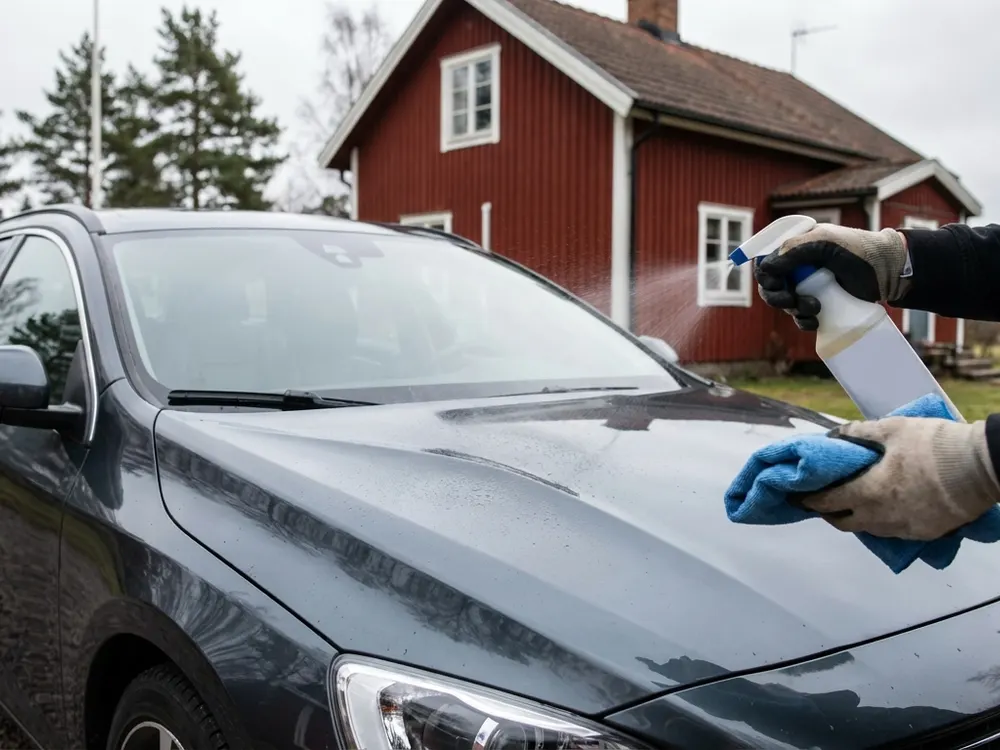 Bildmontage: snabbförsegling sprayas på en nytvättad bil och torkas av