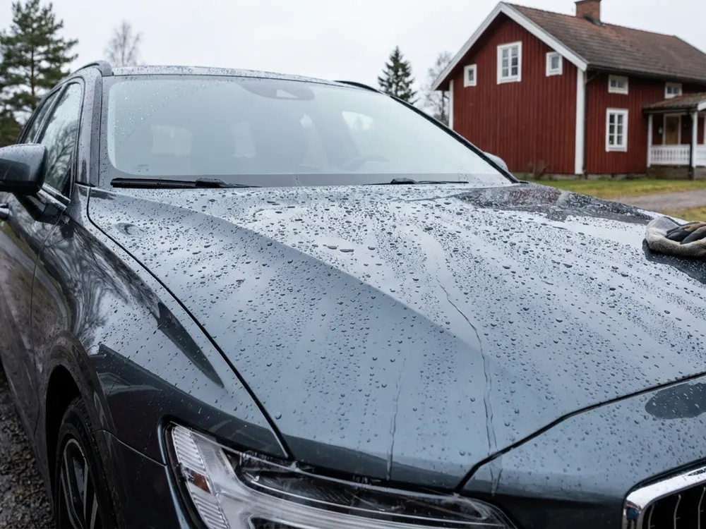 Bildmontage: vatten pärlar sig på en glänsande, förseglad motorhuv