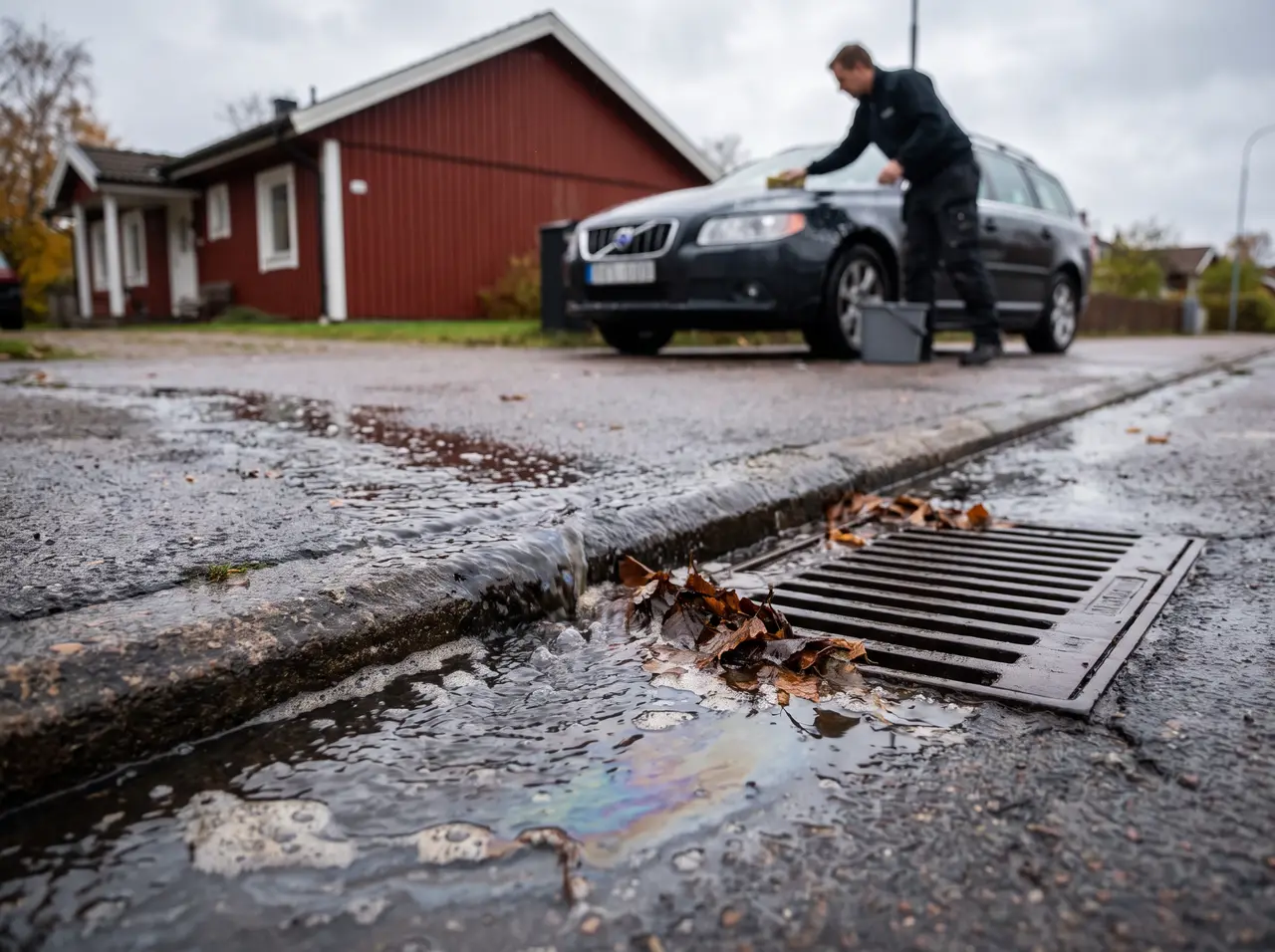 Bildmontage: smutsigt tvättvatten med oljefilm rinner längs gatan mot en dagvattenbrunn