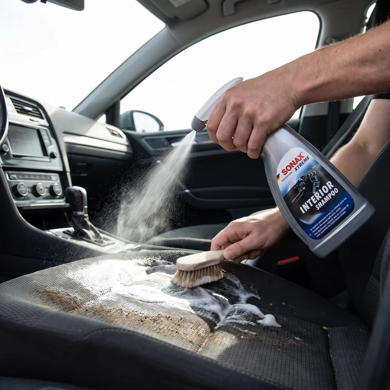 Bildmontage av Sonax Xtreme Interior Shampoo
