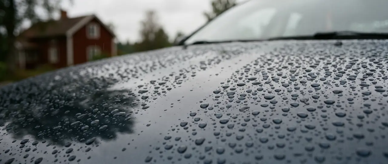 Bildmontage: vattnet pärlar på en vaxad motorhuv i regn