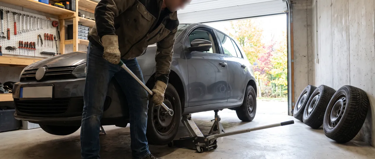 Bildmontage: hjulbultarna dras åt med momentnyckel i garaget, vinterhjulen står redo vid väggen