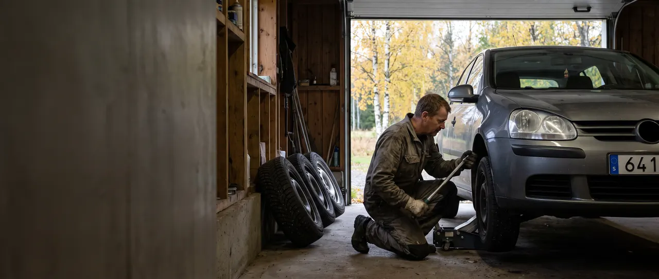 Bildmontage: hjulbultarna dras åt med momentnyckel i garaget, vinterhjulen står redo vid väggen