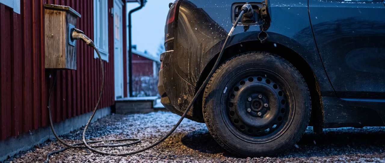 Bildmontage: bakhjulet på en elbil som laddar vid en villavägg i skymning