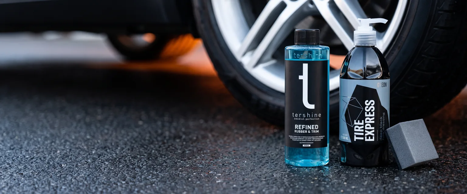 Bildmontage av tershine Refined och Gyeon Q²M Tire Express