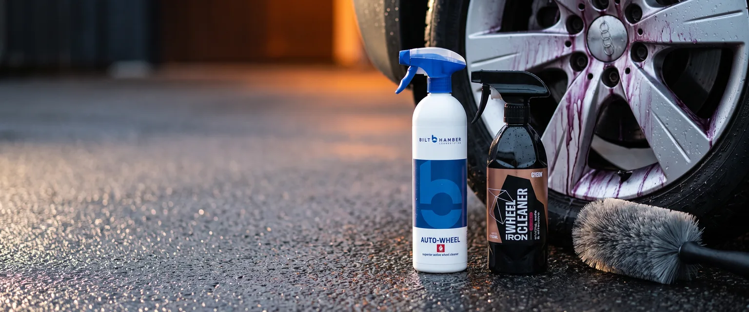 Bildmontage av Bilt Hamber Auto-Wheel och Gyeon Q²M Iron WheelCleaner