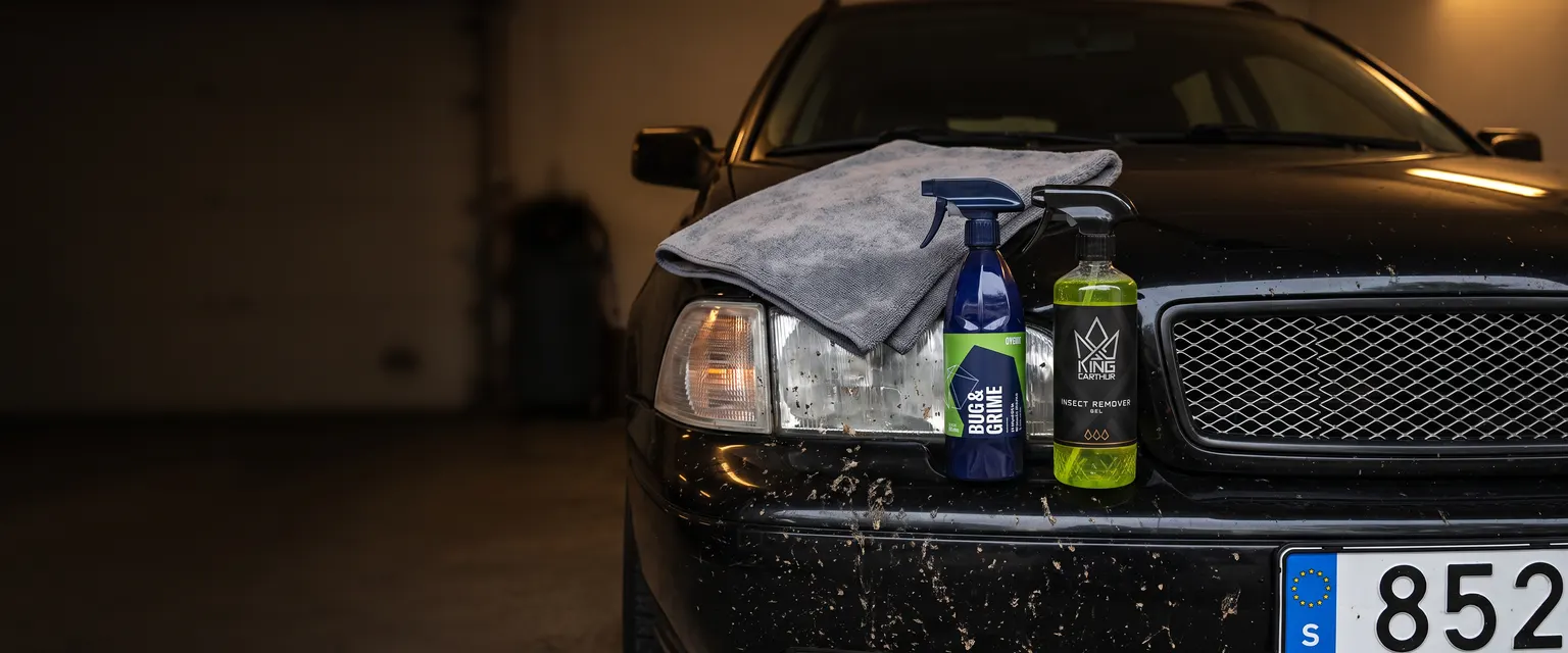 Bildmontage av Gyeon Q²M Bug&Grime och King Carthur Insect Remover GEL