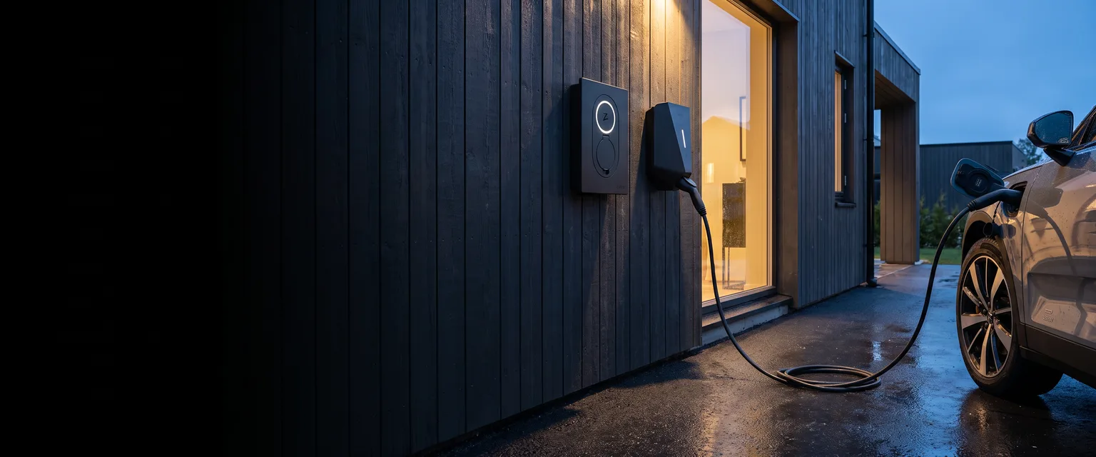 Bildmontage av laddboxarna Zaptec Go och Easee Charge Up på en husvägg, med en elbil på laddning på uppfarten
