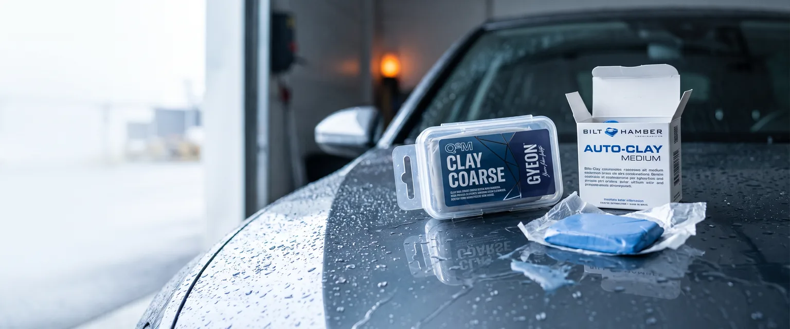 Bildmontage av Gyeon Q²M Clay EVO och Bilt Hamber Auto-Clay Medium